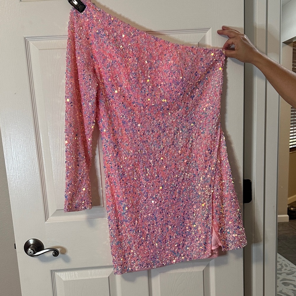 Pink Sequin One-Shoulder Dress